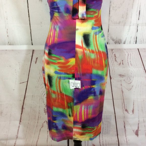 NWT Cache Halter Dress Sexy Knit Colorful Plunge Neck Tropical Bodycon Size 10 - Picture 9 of 13